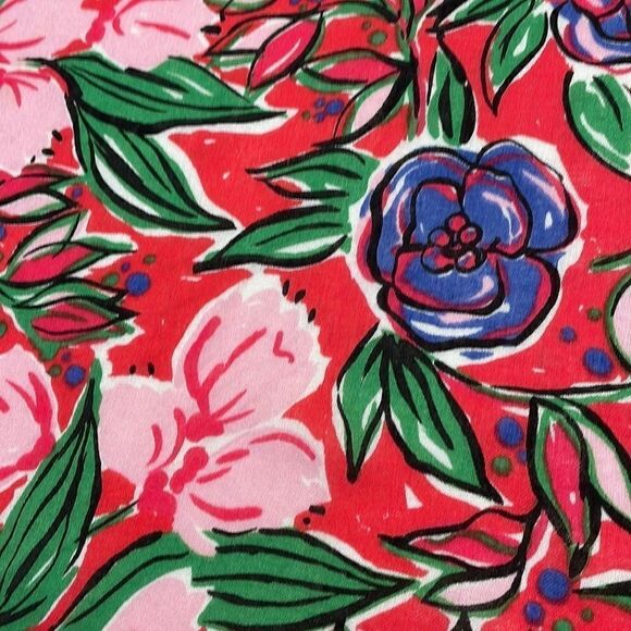 Bright floral square woven cottony fabric scarf in pinks, coral red & periwinkle - Picture 7 of 8